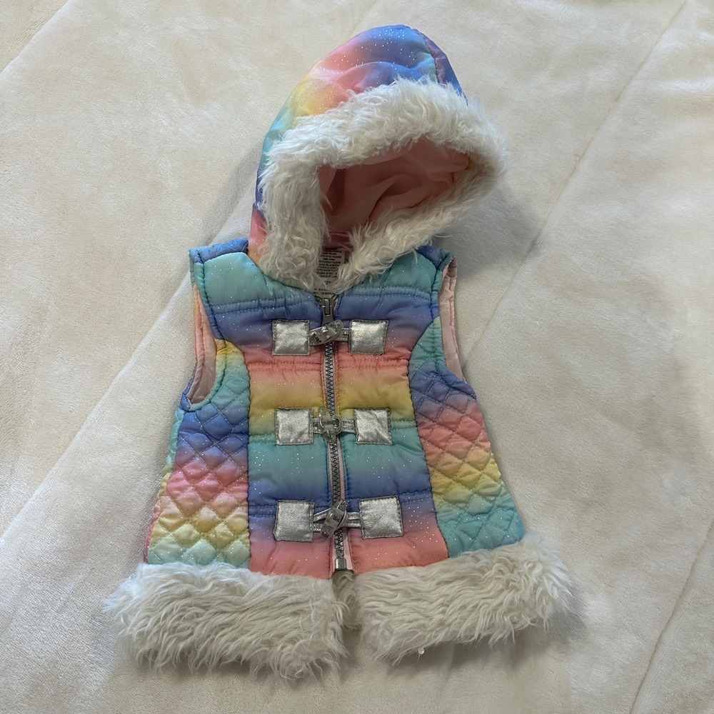 Baby Girls Little Lass Rainbow Quilted Hooded Vest Sparkle Faux‎ Fur Trim 12M
